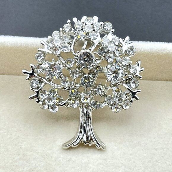 Silver with White Diamond Crystal Blooming Tree Pin Back Brooch - Picture 7 of 9